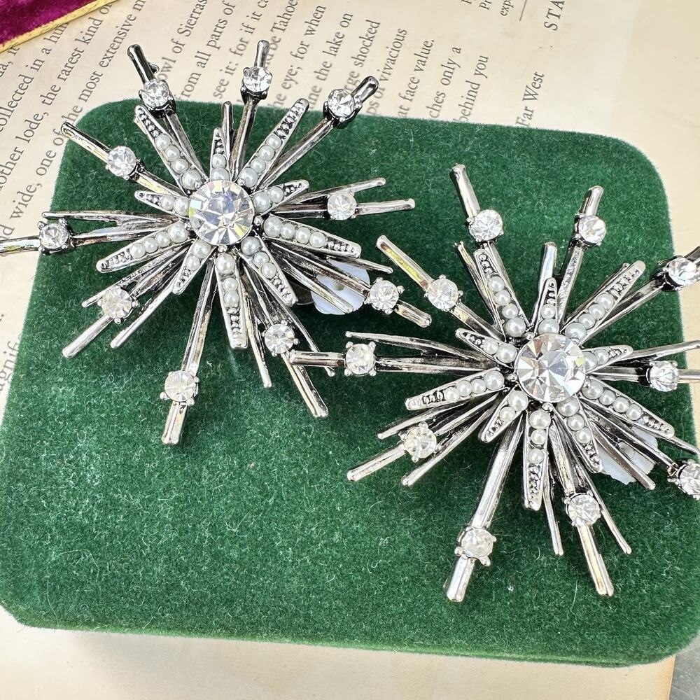 Huge Starburst Clip Earrings Silver Tone Rhinestone Pearl Vintage Sunburst 2.25”